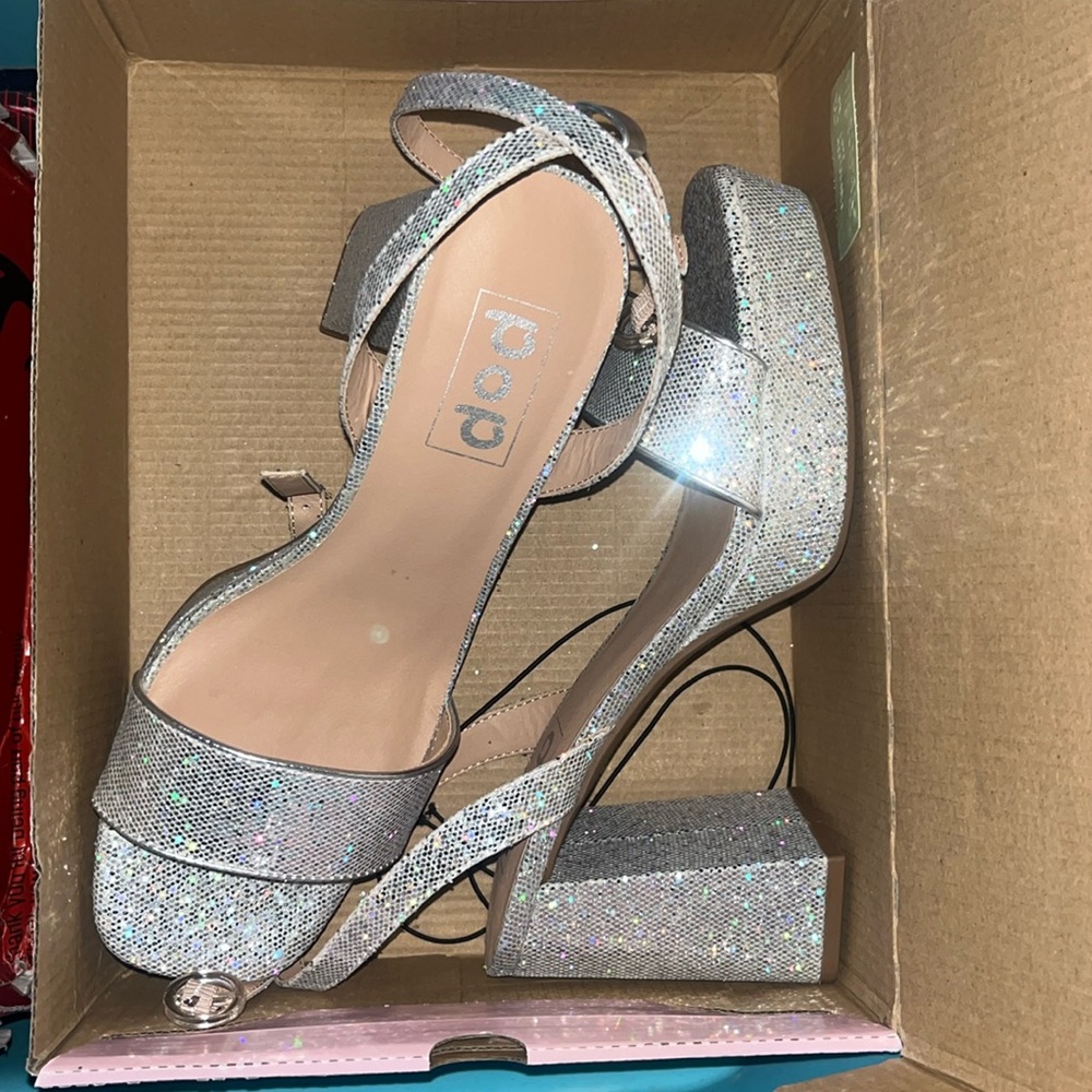 Silver iridescent Pop brand heels, size 9